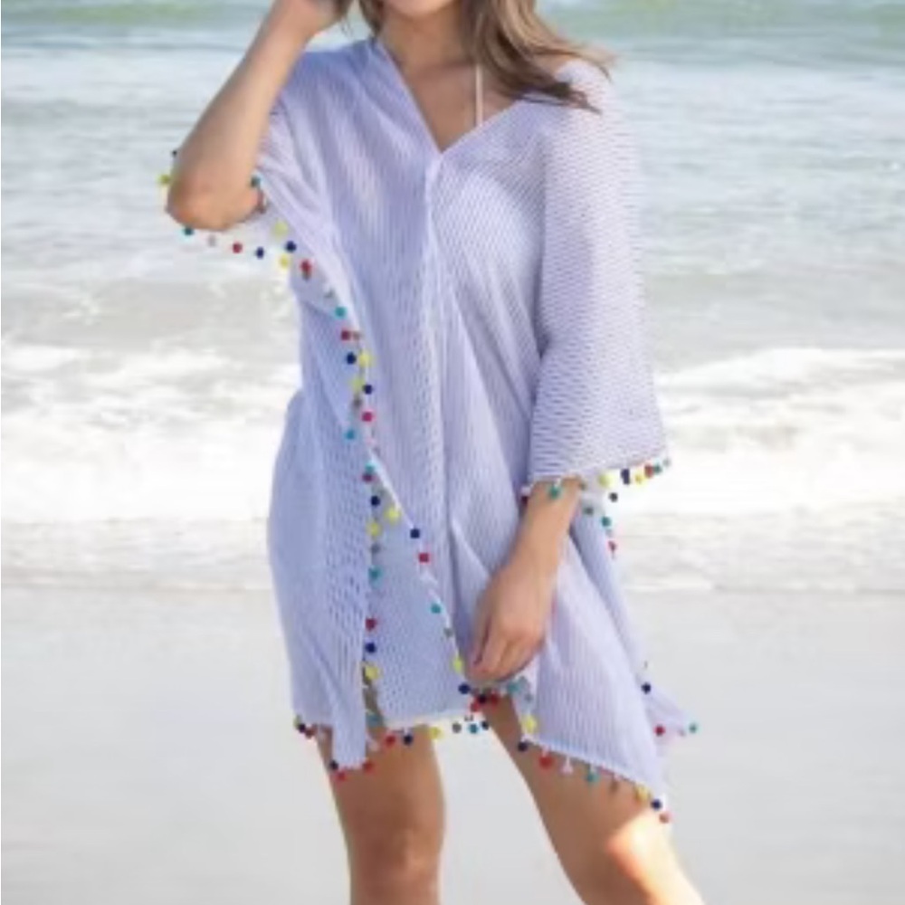 NWT SIMPLY SOUTHERN Multi Color Pom Pom White & Blue Stripped Coverup S/M